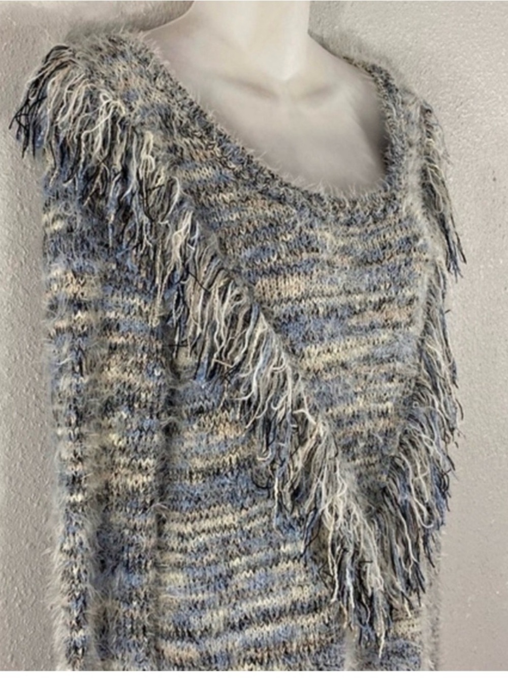 Gianni Bini Space Dye Fringe Eyelash Fuzzy Knit Sweater Dress Tunic L Blue Grey - Picture 8 of 10